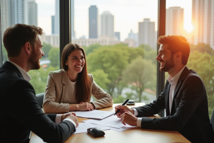 Jeune couple rencontrant un agent immobilier dans un bureau lumineux