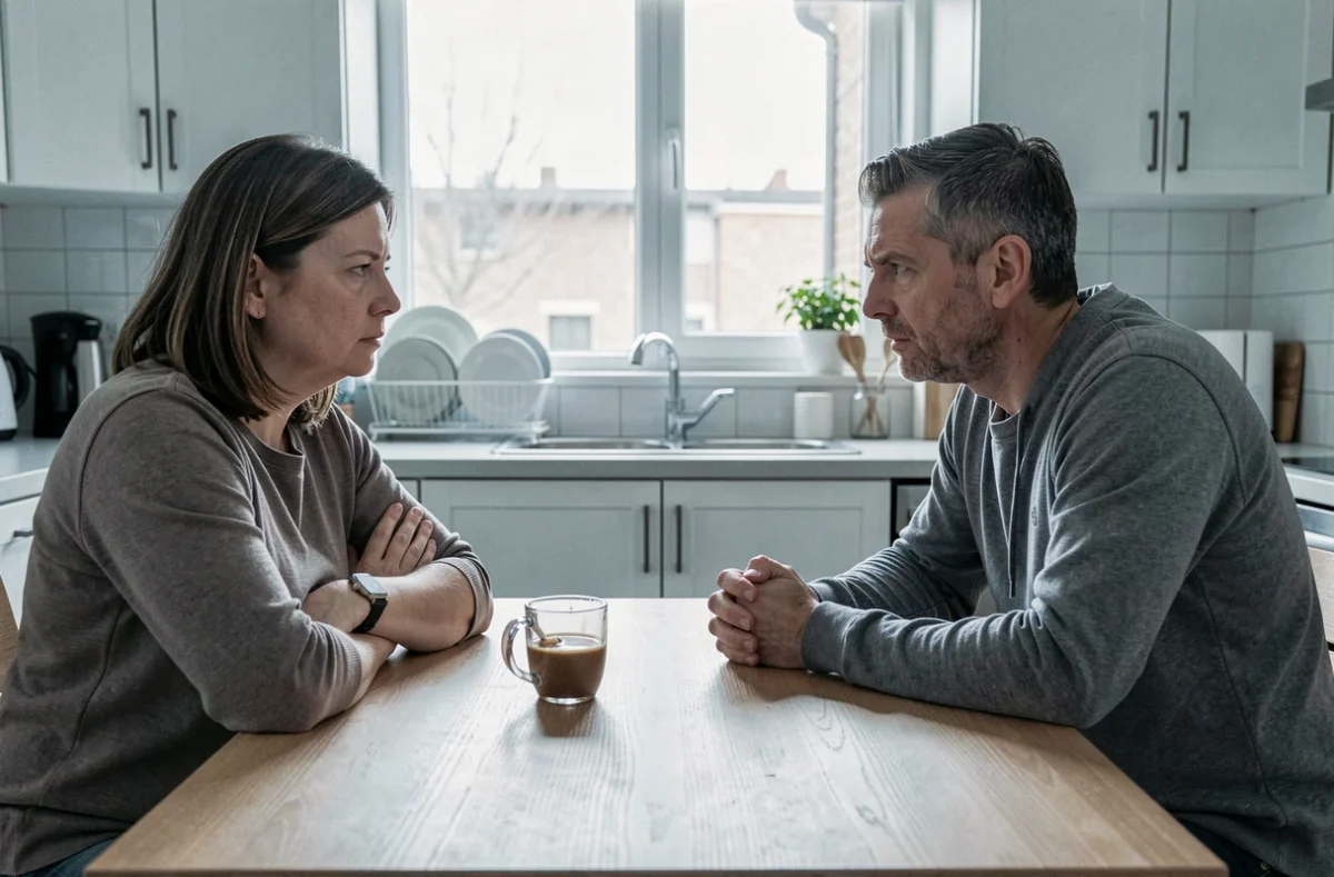 Couple en tension autour d'une table de cuisine, représentant les conflits relationnels liés aux retrouvailles avec un amour de jeunesse