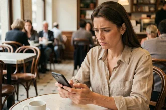 Femme hésitante regardant son téléphone dans un café parisien, symbolisant les dangers de retrouver un amour de jeunesse