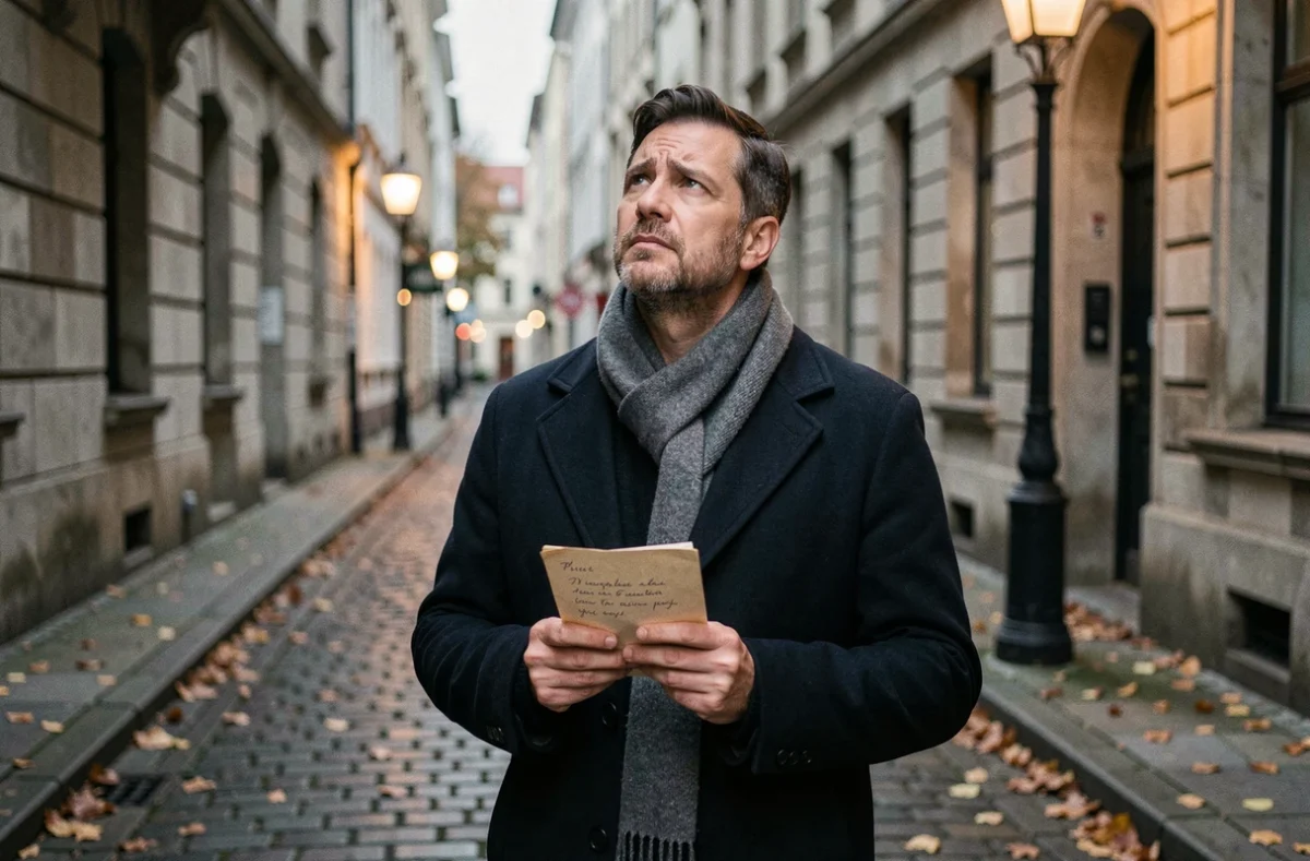 Homme tenant une lettre manuscrite dans une rue pavée européenne, illustrant les risques émotionnels de renouer avec un ancien amour