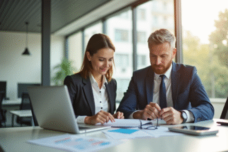 Homme et femme en réunion d'affaires dans un bureau lumineux