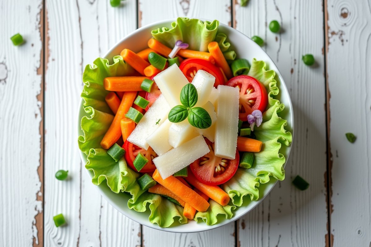 Salade colorée avec jicama et légumes sur table blanche