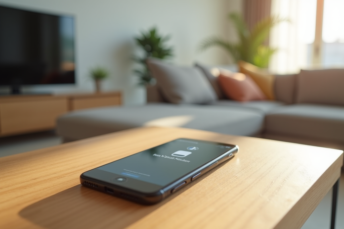 Salon moderne avec smartphone affichant la configuration de Google