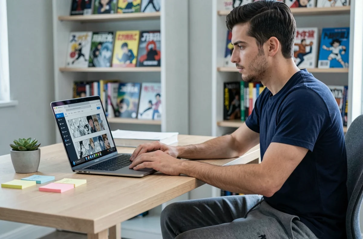 Jeune homme lisant un scan manga en français sur son ordinateur portable à son bureau
