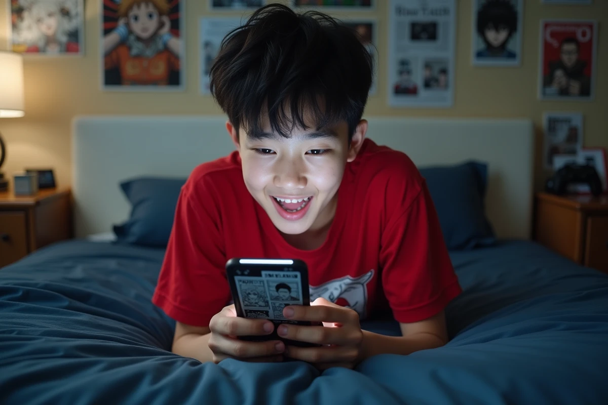 Adolescent lisant des scans de manga One Piece sur smartphone allongé sur son lit dans sa chambre