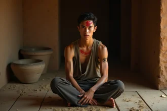 Jeune homme avec un tatouage kanji rouge sur la tempe évoquant le signe de Gaara de Naruto, assis dans un décor japonais authentique
