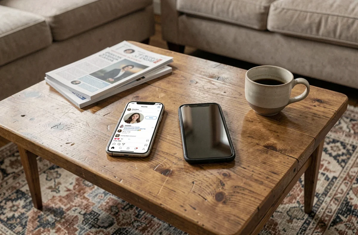 Deux smartphones posés sur une table basse en chêne, l'un affichant une story sur les réseaux sociaux et l'autre éteint, symbolisant l'indifférence numérique après une rupture