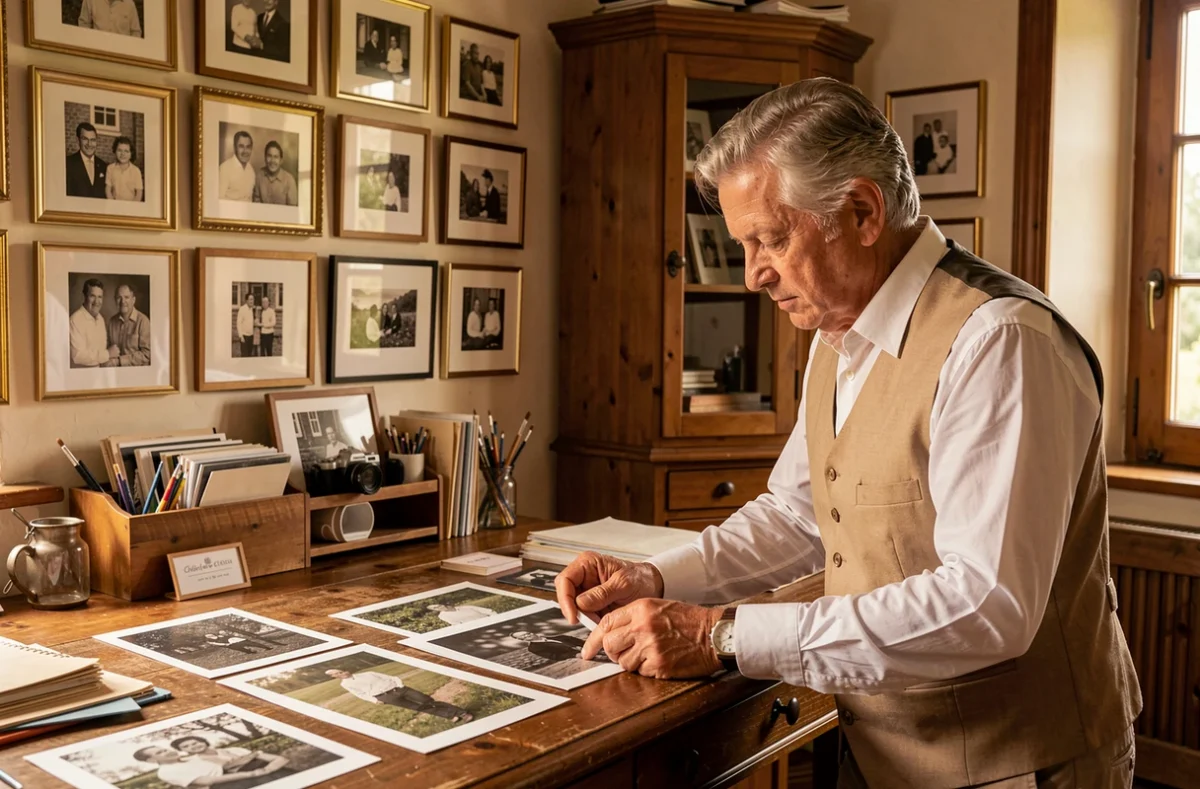 Photographe traditionnel Souchon Guy examinant des tirages dans un studio classique de la Loire