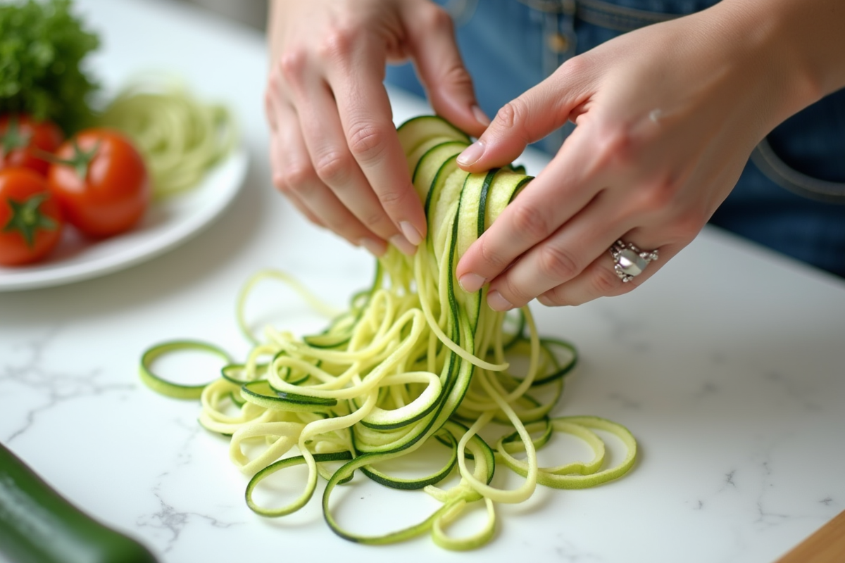 Mains spiralant une courgette en tagliatelle sur plan blanc