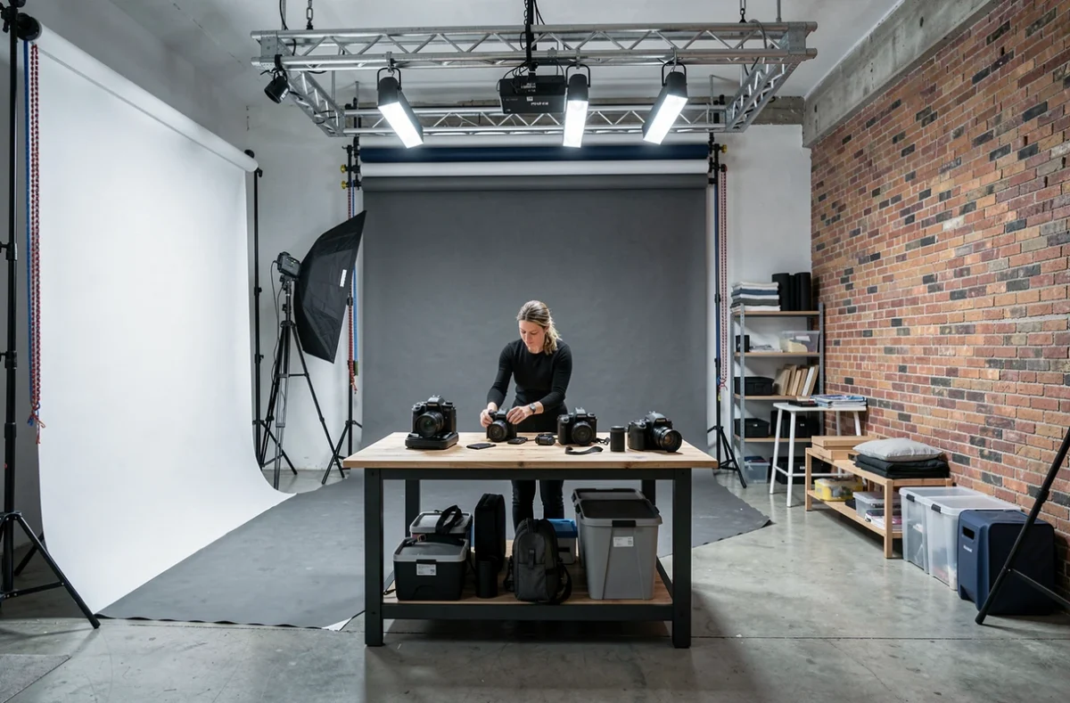 Intérieur polyvalent du Studio Béguin à Roanne avec différents fonds photo et une photographe préparant son matériel