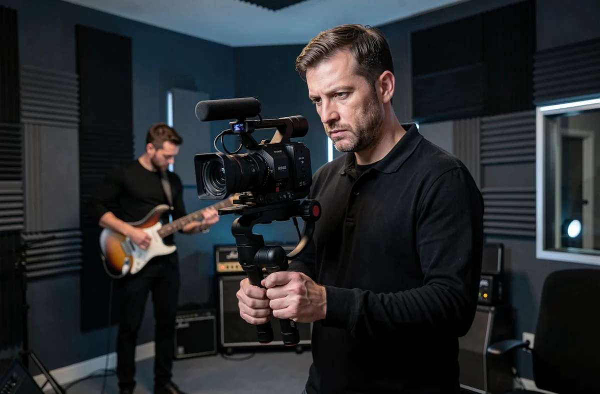 Photographe et vidéaste de Studio Music à Saint-Étienne filmant une session musicale avec stabilisateur professionnel