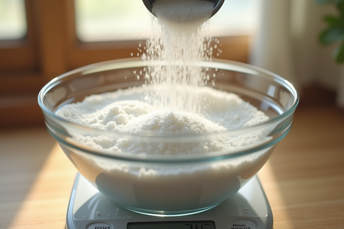 Sucre blanc en poudre sur balance de cuisine en lumière douce