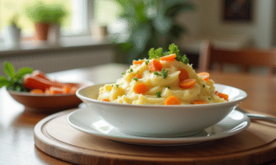 Table moderne avec bol de purée de pommes de terre et carottes