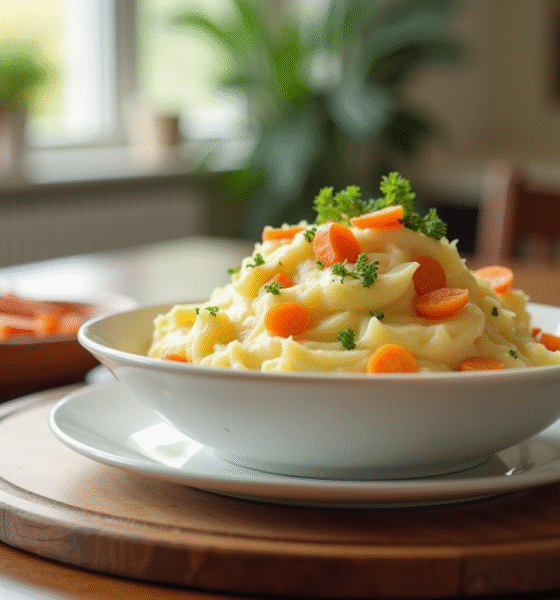 Table moderne avec bol de purée de pommes de terre et carottes