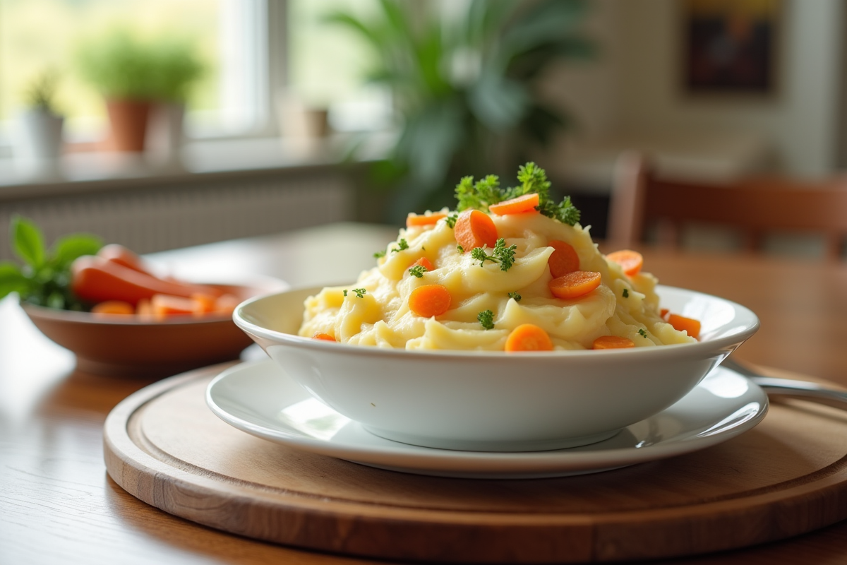 Table moderne avec bol de purée de pommes de terre et carottes