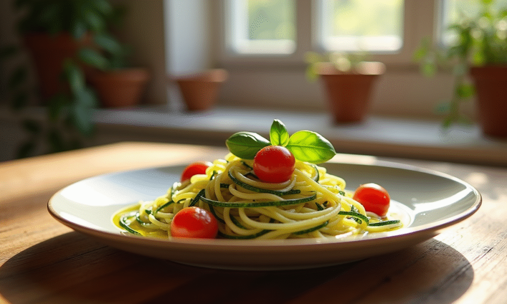 Assiette de tagliatelle de courgette avec tomates cerises et basilic