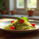 Assiette de tagliatelle de courgette avec tomates cerises et basilic