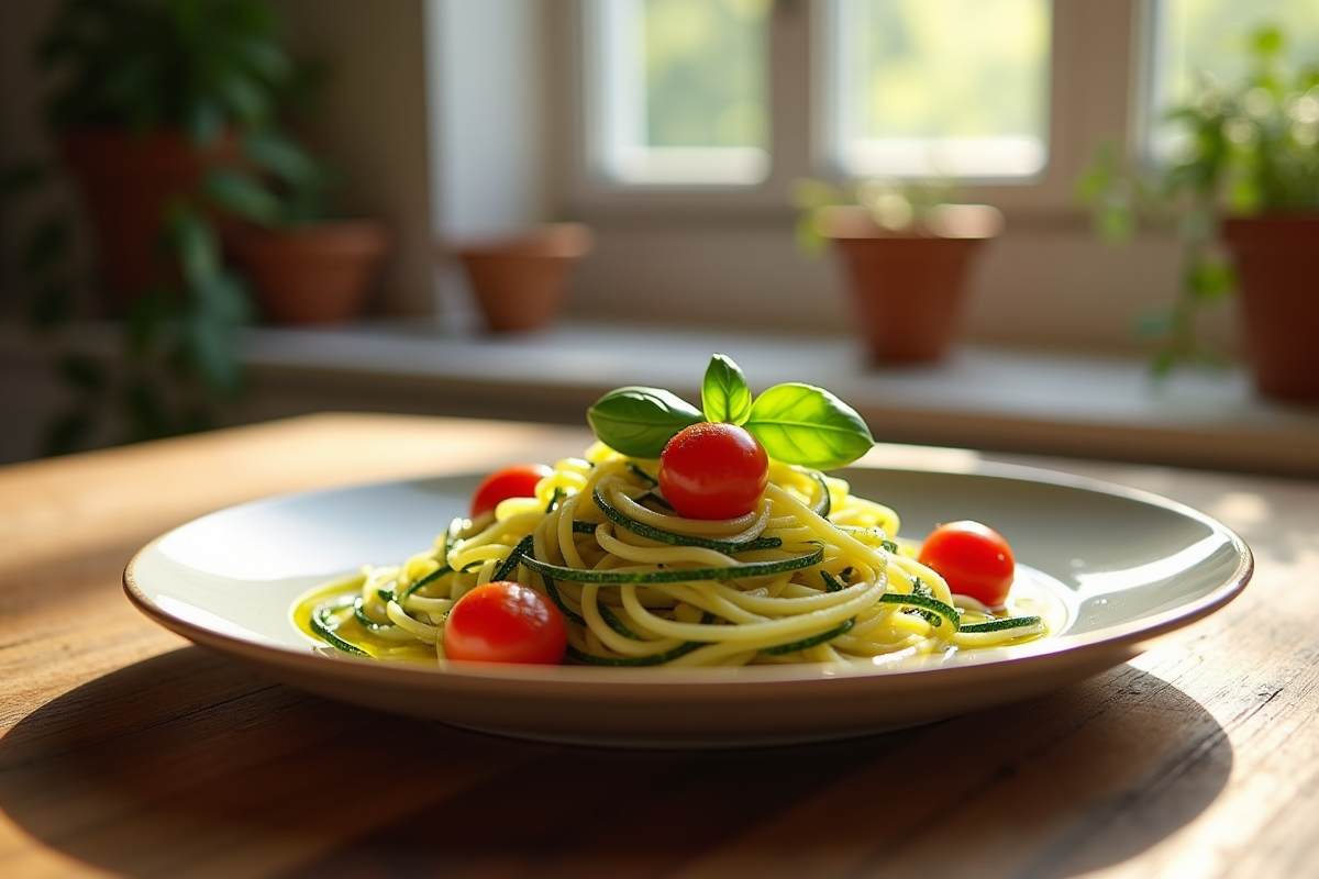Assiette de tagliatelle de courgette avec tomates cerises et basilic
