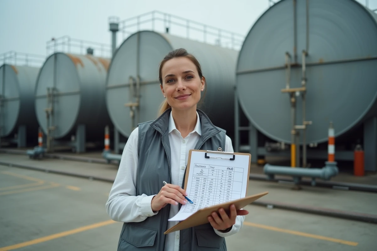 Technicienne consultant un tableau de conversion de volumes en m3 sur un site industriel