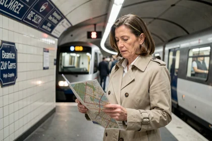 Touriste consultant un plan du RER dans une station parisienne avec train en arrière-plan