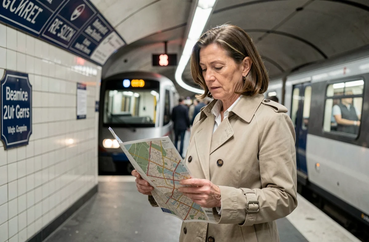 Touriste consultant un plan du RER dans une station parisienne avec train en arrière-plan