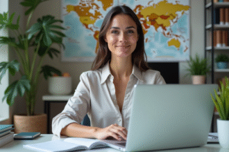 Traductrice multilingue au bureau moderne avec livres et cartes