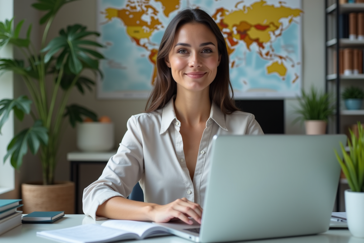 Traductrice multilingue au bureau moderne avec livres et cartes
