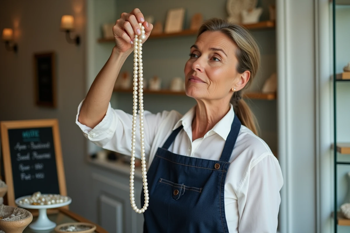 Vendeuse de perles huîtres évaluant un collier dans une boutique de bijoux