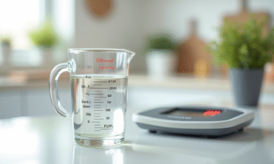 Verre mesure liquide 200 ml sur plan de travail blanc