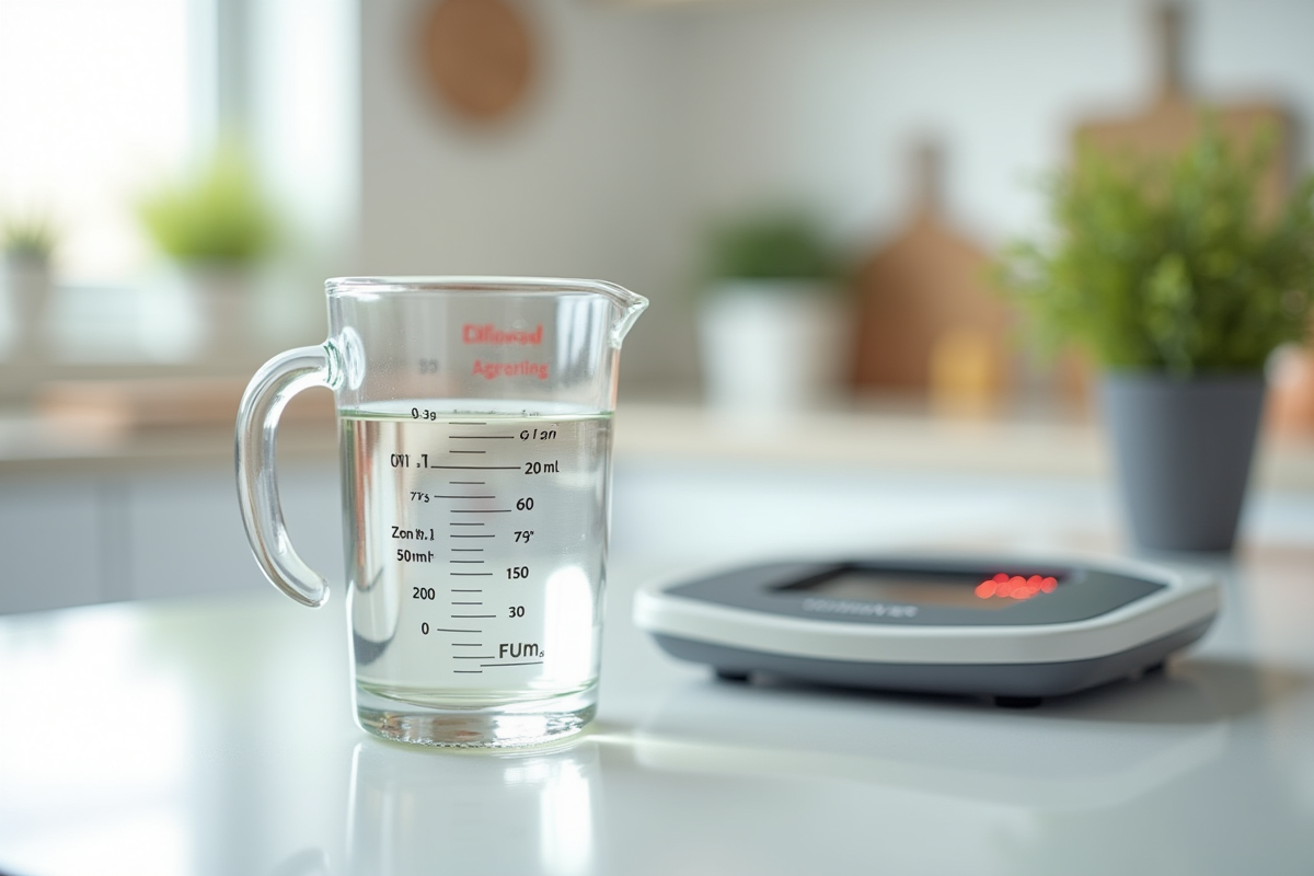 Verre mesure liquide 200 ml sur plan de travail blanc