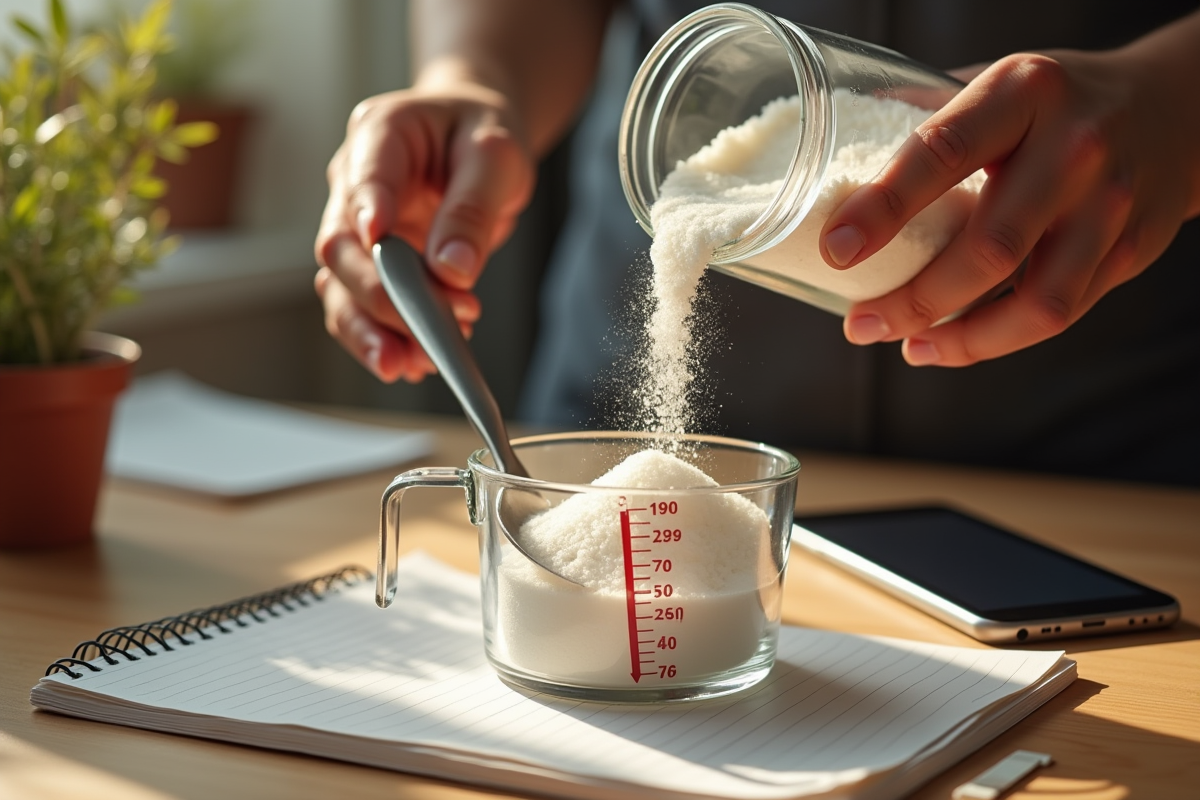 Main versant du sucre dans un verre mesureur avec notes de recette
