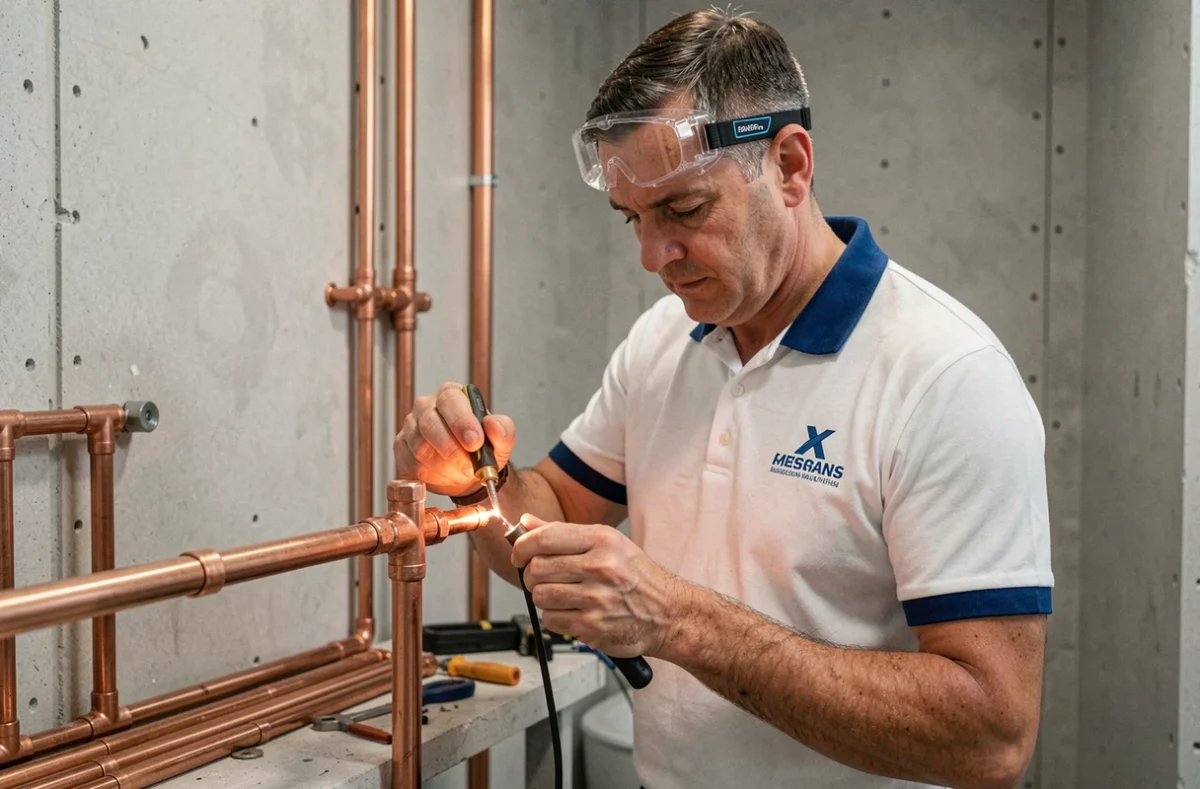 Un plombier de V.I.C Plomberie soudant des raccords en cuivre dans une salle de bain en rénovation à Dijon, avec des outils et des tuyaux bien organisés autour de lui