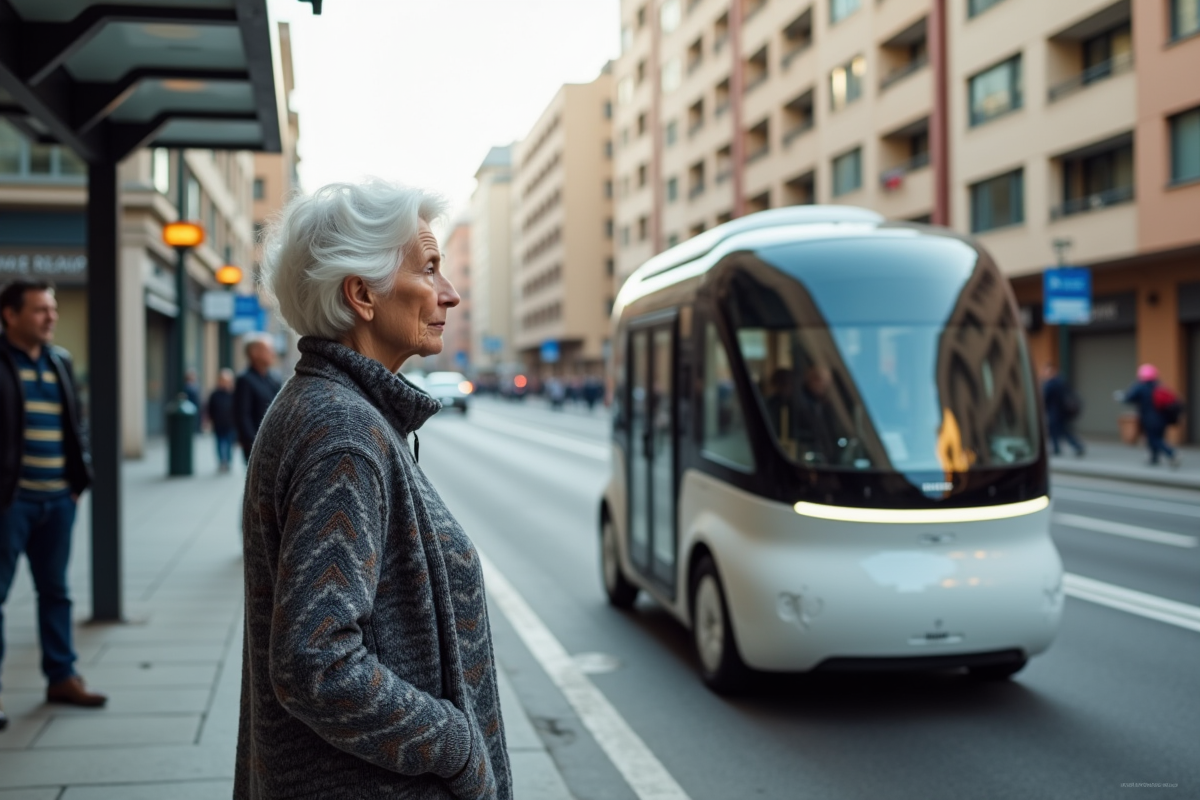 Femme agee observant un véhicule autonome dans la ville