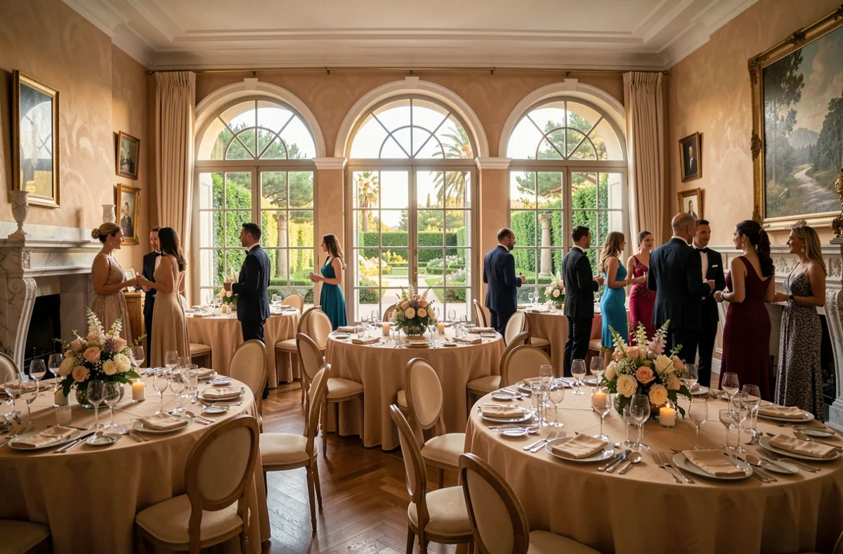 Salle de réception élégante de la Villa Alexandra dans les Alpes-Maritimes avec vue sur jardin méditerranéen