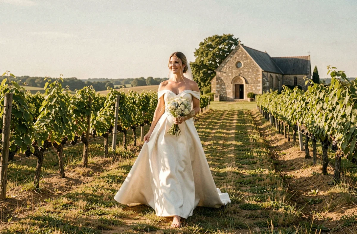 Mariée photographiée dans un vignoble à la frontière Loire-Atlantique et Loire par Violaine Bretin photographe spécialiste mariage