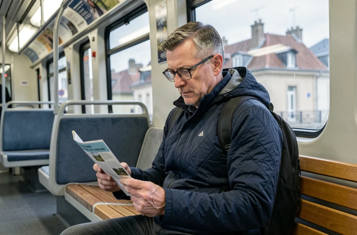 Voyageur lisant un itinéraire touristique dans un wagon du RER en direction d'un monument parisien