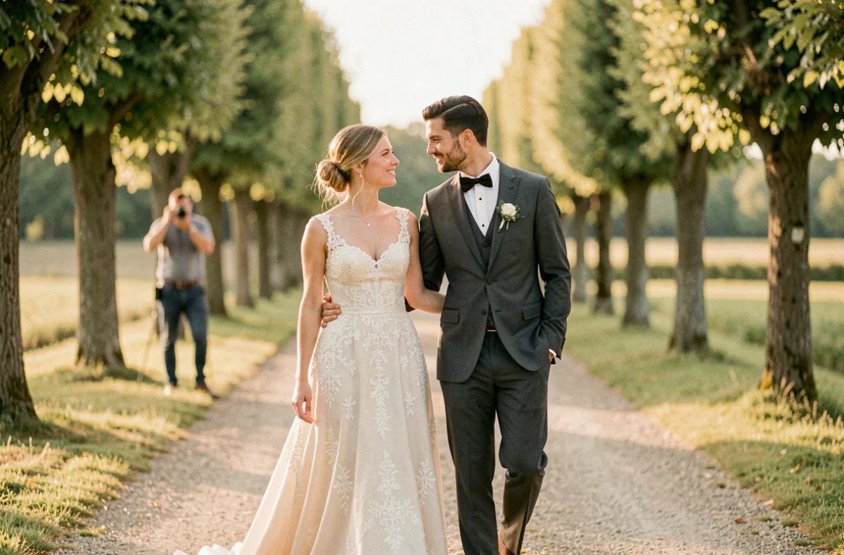 Couple de mariés photographié par un vidéaste-photographe de mariage dans la Loire lors d'une promenade romantique